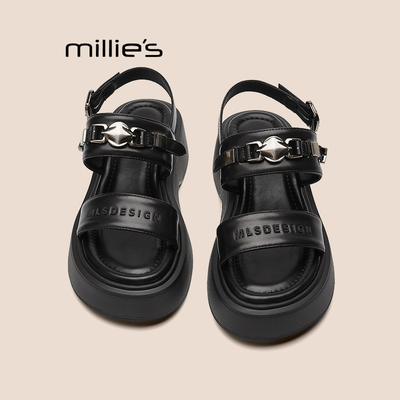 MILLIE'S/妙丽圆头设计感厚底一字带防滑柔软舒适时尚休闲凉鞋女P