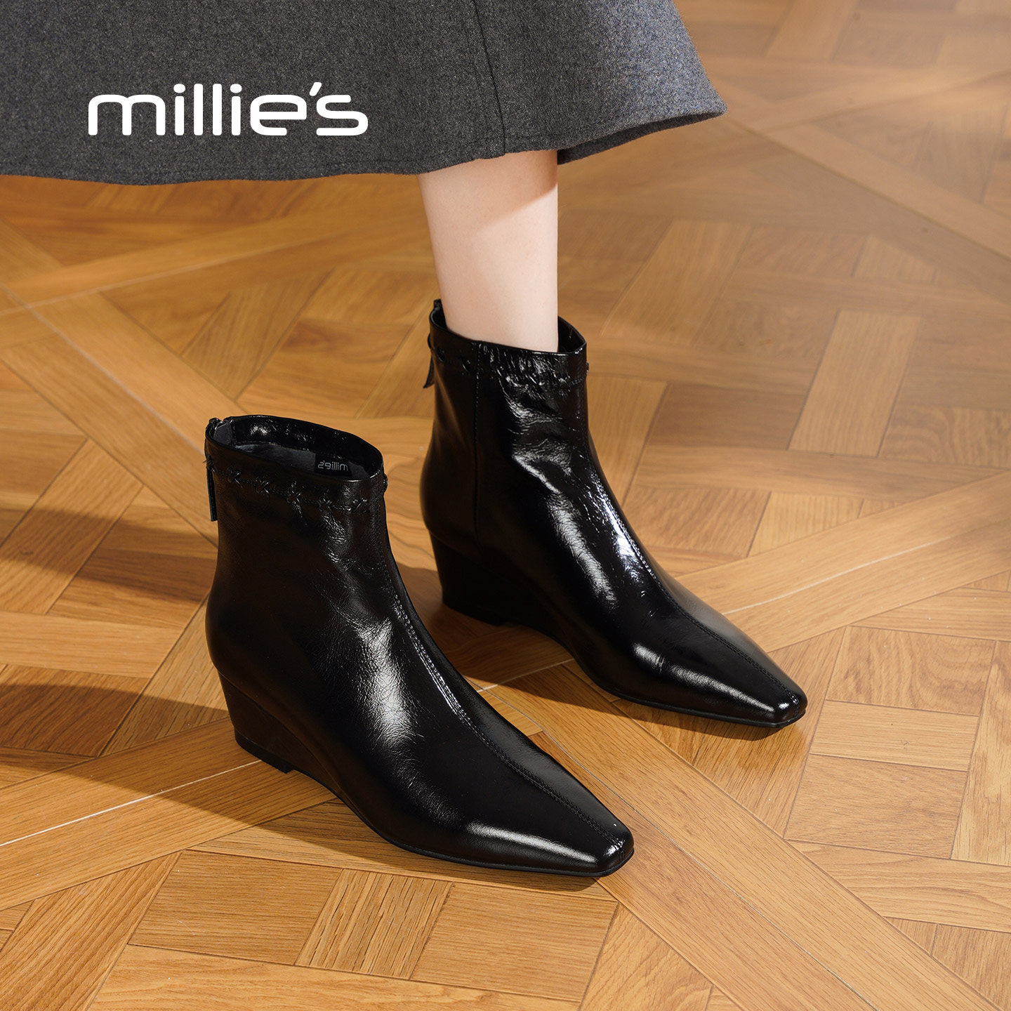 MILLIE'S/妙丽2026新款秋冬小方头坡跟及踝靴英伦风时尚女短靴P