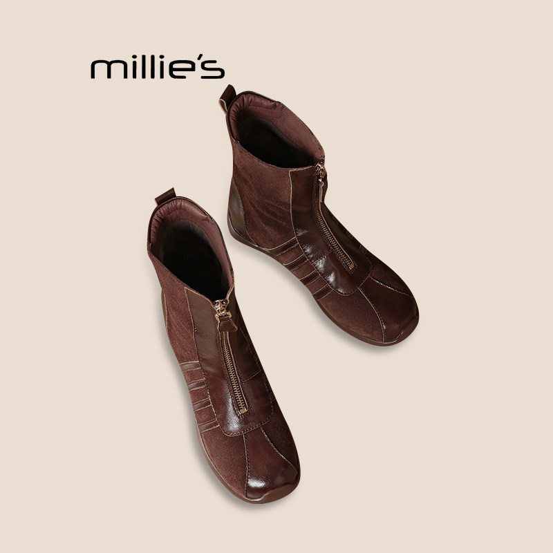 MILLIE'S/妙丽拼接真皮前拉链短靴新款休闲骑士靴圆头平底马丁靴Q