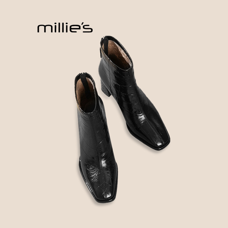 MILLIE'S/妙丽优雅气质时装靴短靴高跟靴白色通勤女皮靴马丁靴女Z