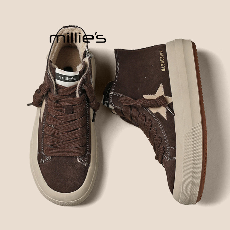 MILLIE'S/妙丽厚底保暖百搭加绒加厚板鞋女复古毛毛高帮休闲鞋冬