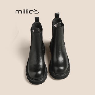 MILLIE'S/妙丽2026新款真皮靴子女英伦风马丁靴流行爆款短靴黑色