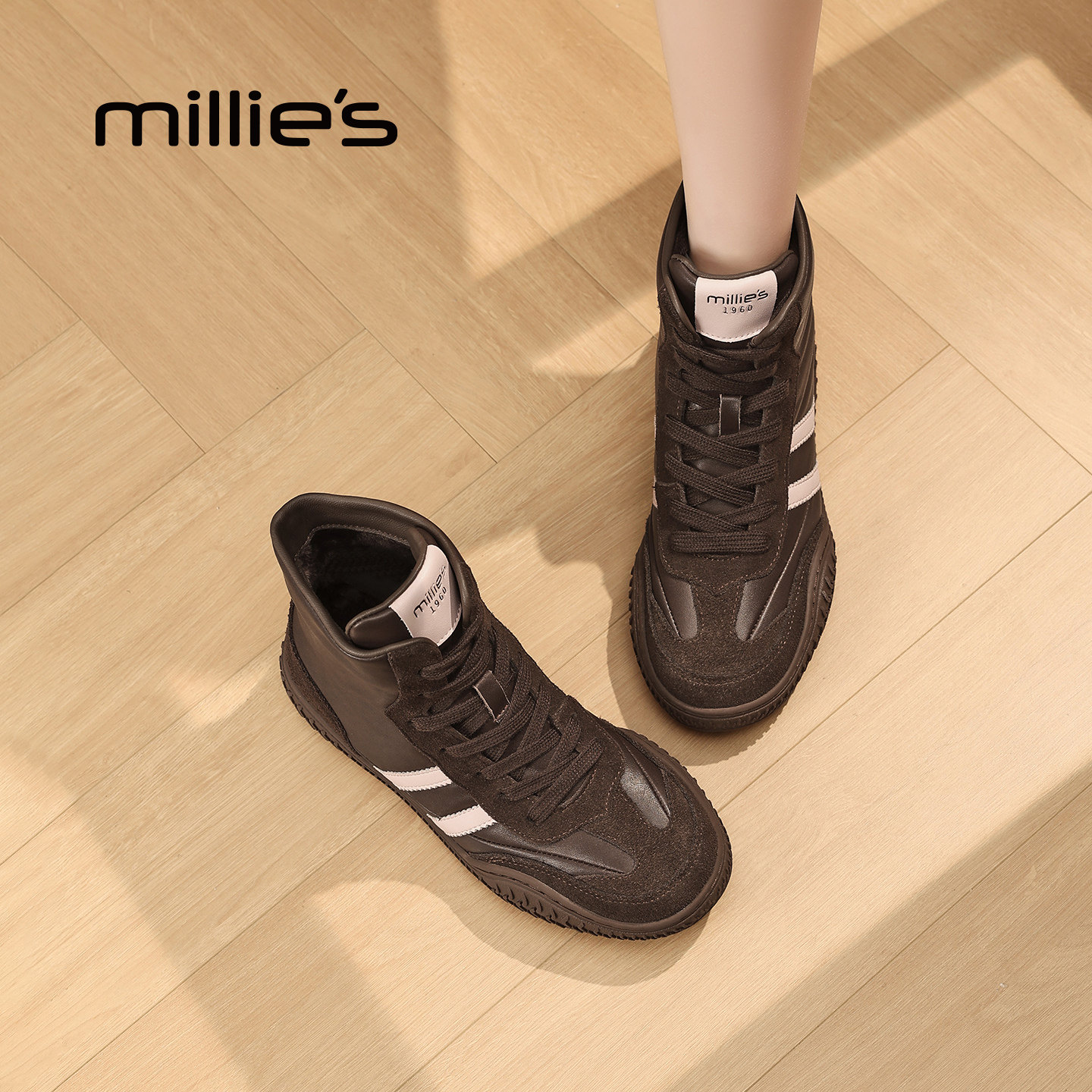 MILLIE'S/妙丽内增高拳击靴女真皮双色鞋带短靴女复古休闲马丁靴