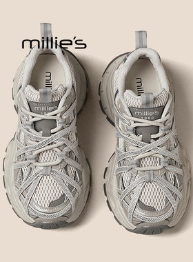MILLIE'S/妙丽复古灰色老爹鞋女2025新款做旧捆绑厚底休闲运动鞋
