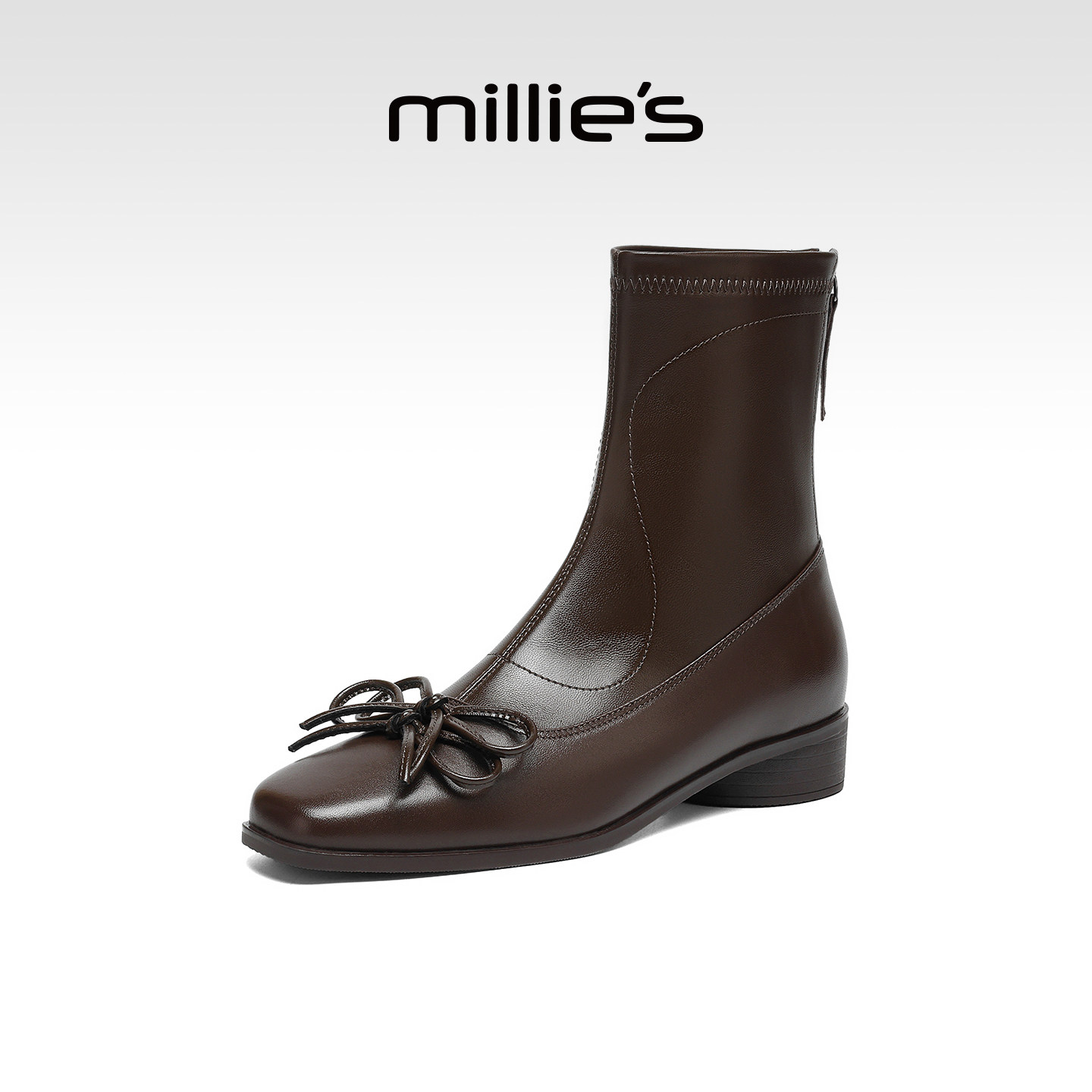 MILLIE'S/妙丽真皮方头粗跟靴