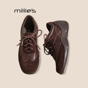 MILLIE'S/妙丽法式单鞋女春秋圆头中跟平底真皮厚底系带小皮鞋