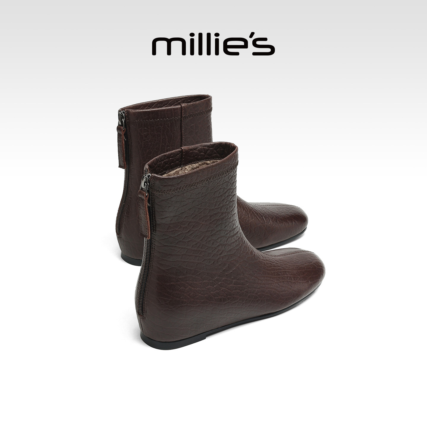 MILLIE'S/妙丽2026新款时尚尖头皮带扣女靴小众设计真皮粗跟踝靴P