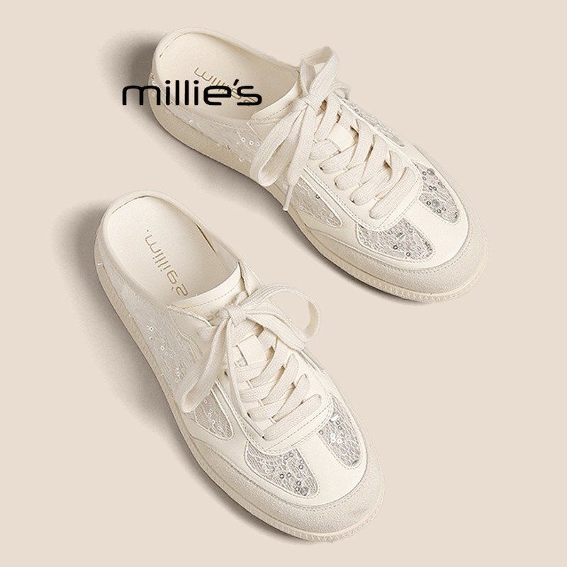 MILLIE'S/妙丽复古德训小白鞋女夏外穿真皮亮片一脚蹬包头半拖鞋P