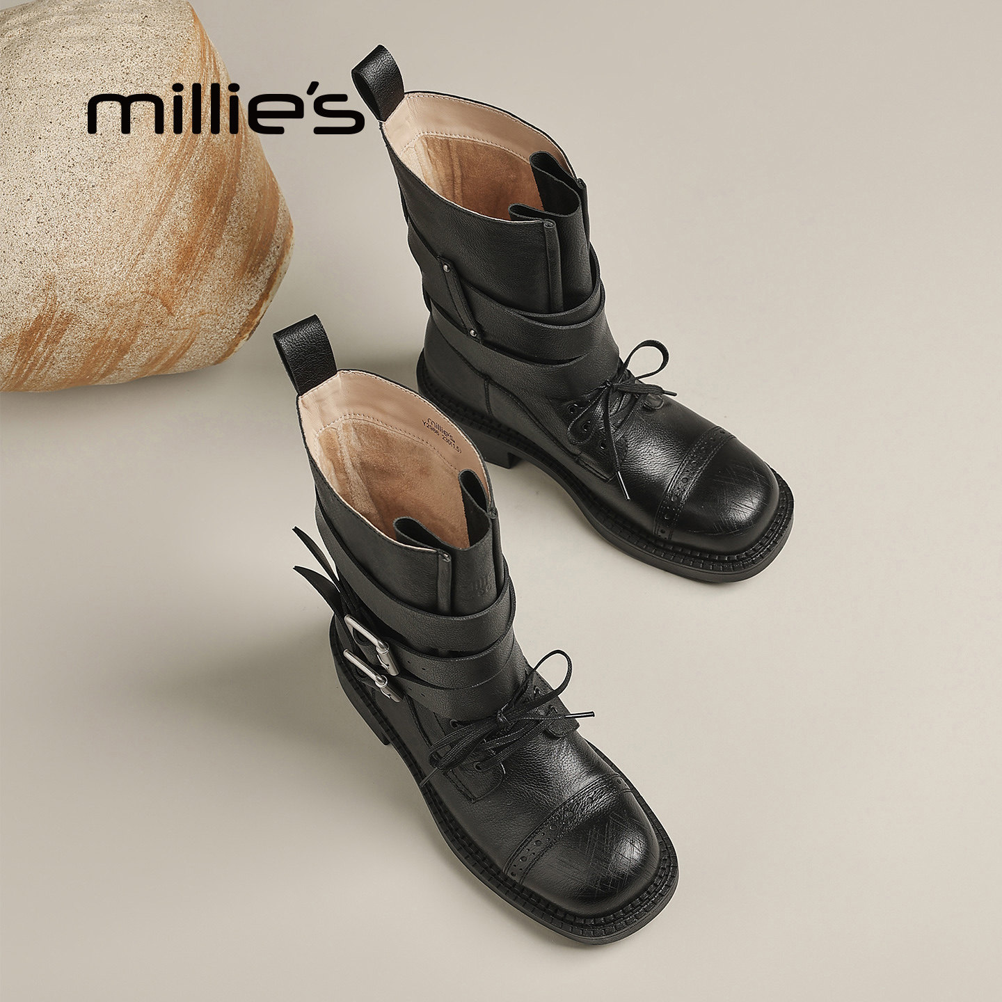 MILLIE'S/妙丽2026新款秋冬复古时尚机车靴百搭休闲粗跟皮带扣女P