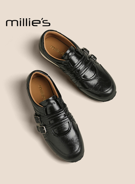 MILLIE'S/妙丽黑色芭蕾德训鞋女2025新款秋季真皮复古休闲运动鞋