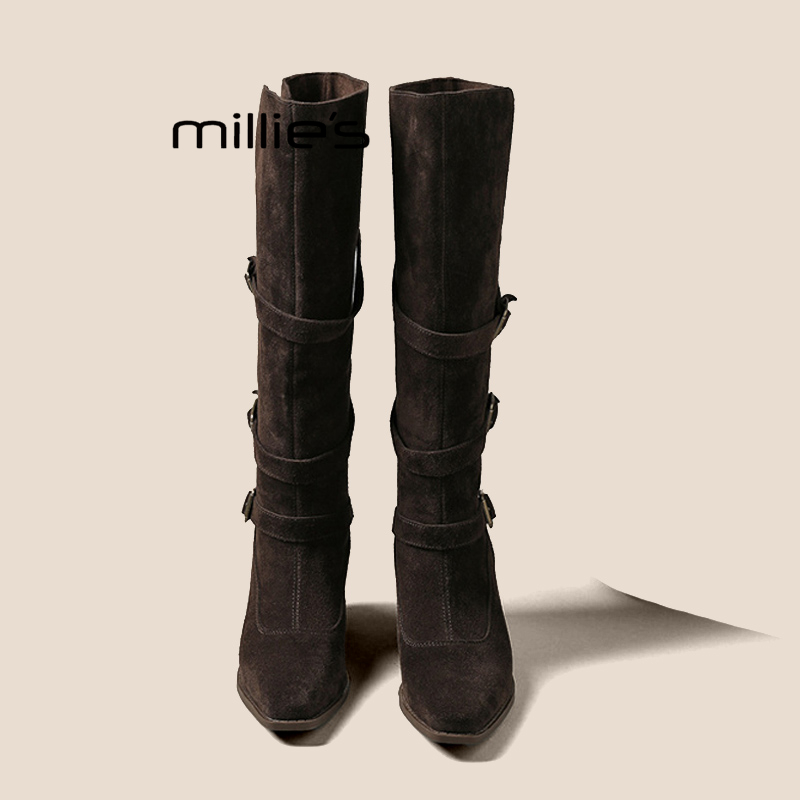 MILLIE'S/妙丽皮带扣可翻折长靴