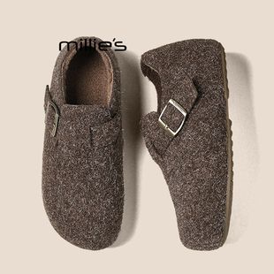 女鞋 子冬季 款 MILLIE 加绒博肯棉鞋 妙丽全包勃肯鞋 一脚蹬懒人鞋