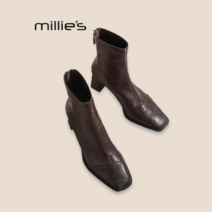 MILLIE'S/妙丽方头粗跟拼接短靴女复古高跟瘦瘦靴秋冬后拉链单靴Z