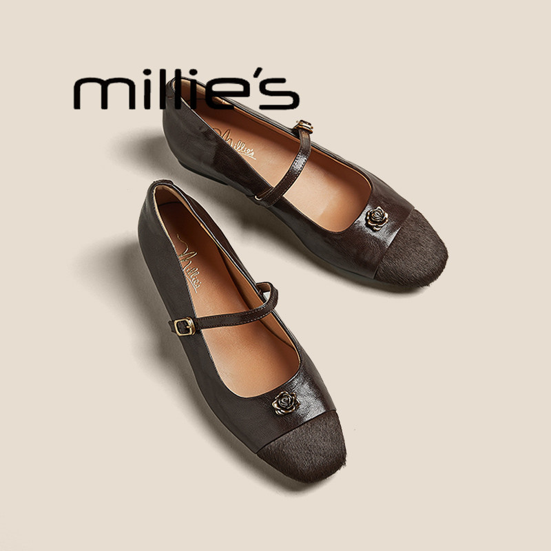 MILLIE'S/妙丽真皮一字带凉鞋女2026夏季仙女风绝美法式浅口单鞋