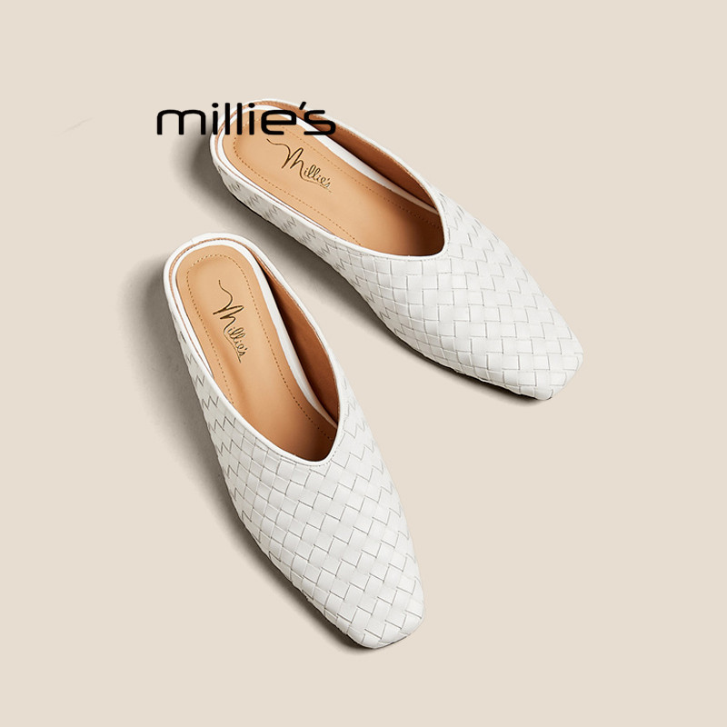 MILLIE'S/妙丽方头平底一脚蹬时尚百搭舒适透气不累脚休闲凉鞋女