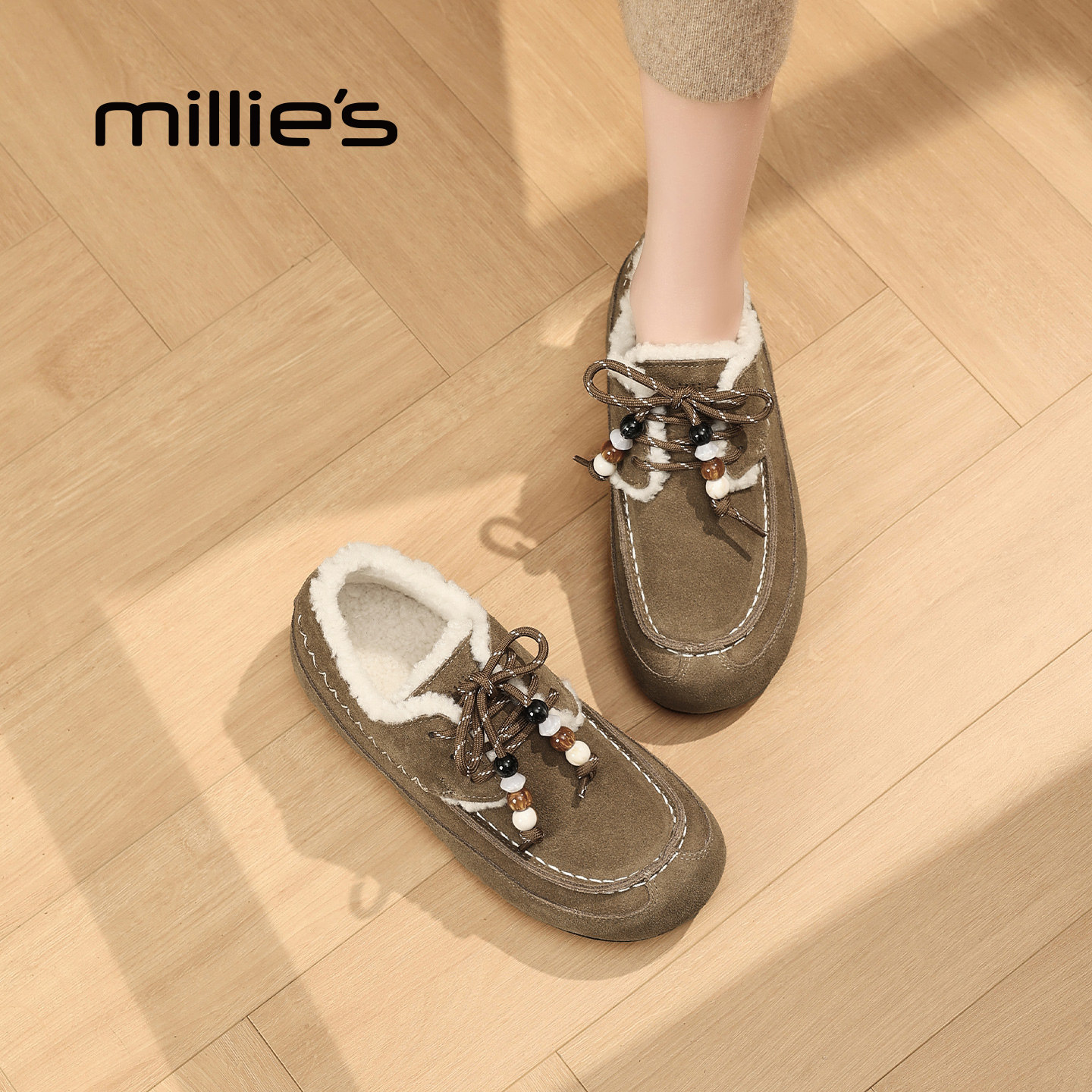 MILLIE'S/妙丽2026新款反绒皮系带勃肯鞋女加绒保暖厚底棉鞋百搭Z