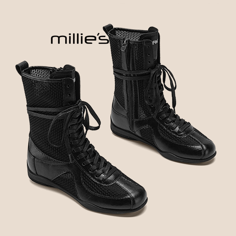 MILLIE'S/妙丽薄款网纱镂空凉靴女夏款透气拳击马丁靴中筒罗马靴P
