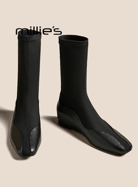 MILLIE'S/妙丽真皮复古方头黑色瘦瘦靴冬季平底不过膝短筒弹力靴
