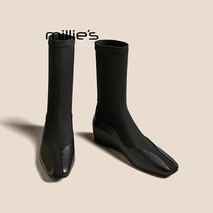 MILLIE'S/妙丽真皮复古方头黑色瘦瘦靴冬季平底不过膝短筒弹力靴