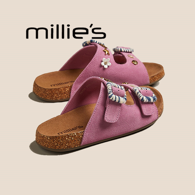 MILLIE'S/妙丽设计感真皮复古勃肯拖鞋女外穿时尚休闲厚底一字拖,女鞋,雨鞋,淘宝优惠券,粉丝福利购,淘宝优惠卷