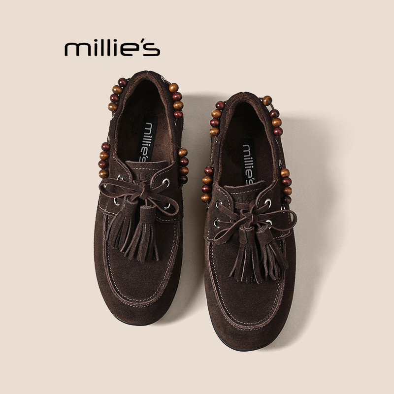 MILLIE'S/妙丽复古新款串珠乐福鞋女蝴蝶结流苏绒面豆豆鞋单鞋Z