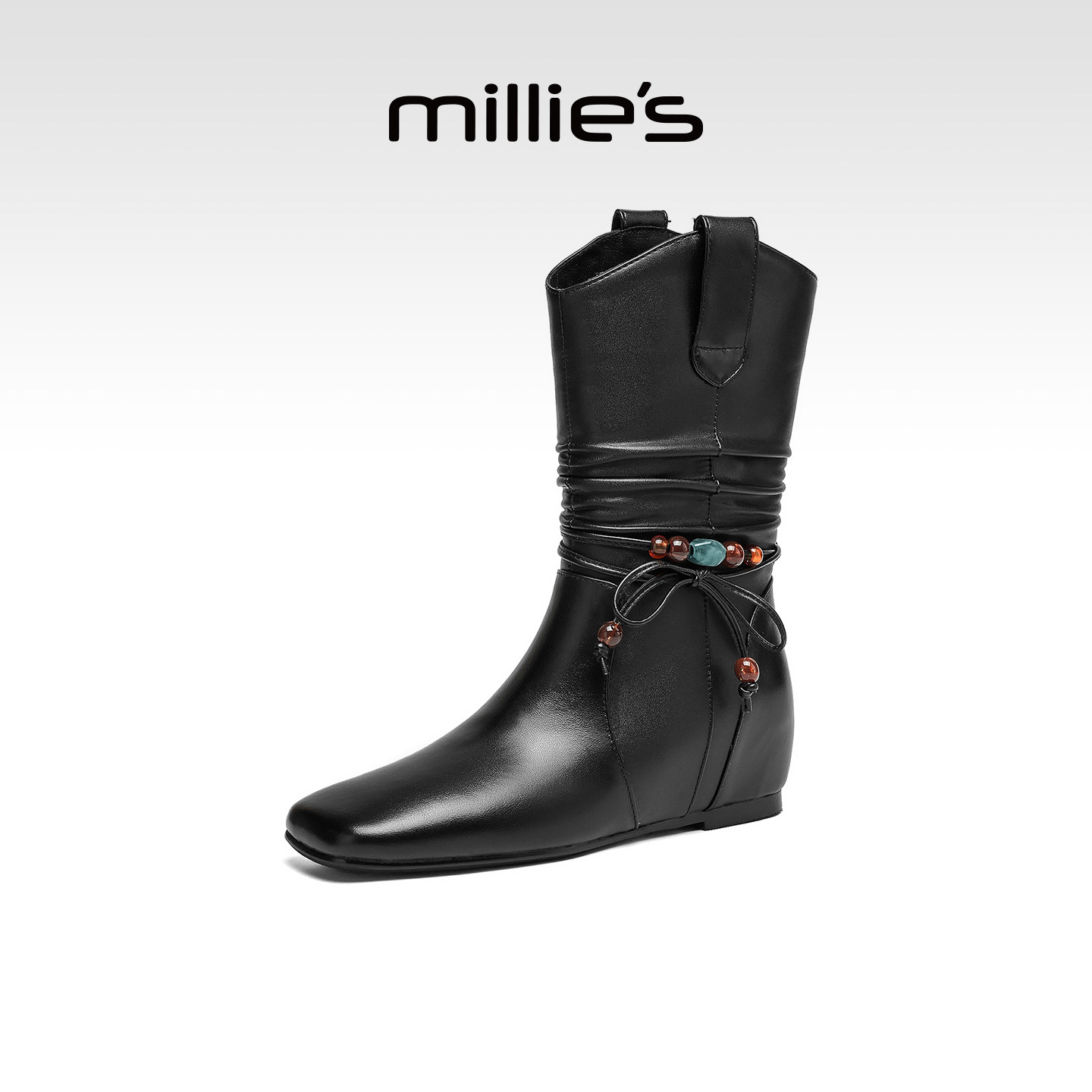 MILLIE'S/妙丽2026秋冬新款真皮复古方头粗跟马丁靴女款短靴ZQ