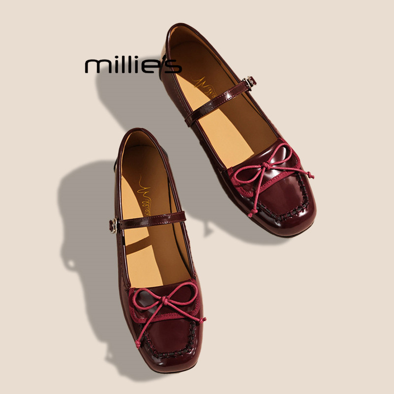 MILLIE'S妙丽蝴蝶结玛丽珍鞋女2026春季酒红色平底复古风单鞋Z,女鞋,婚鞋,淘宝优惠券,粉丝福利购,淘宝优惠卷