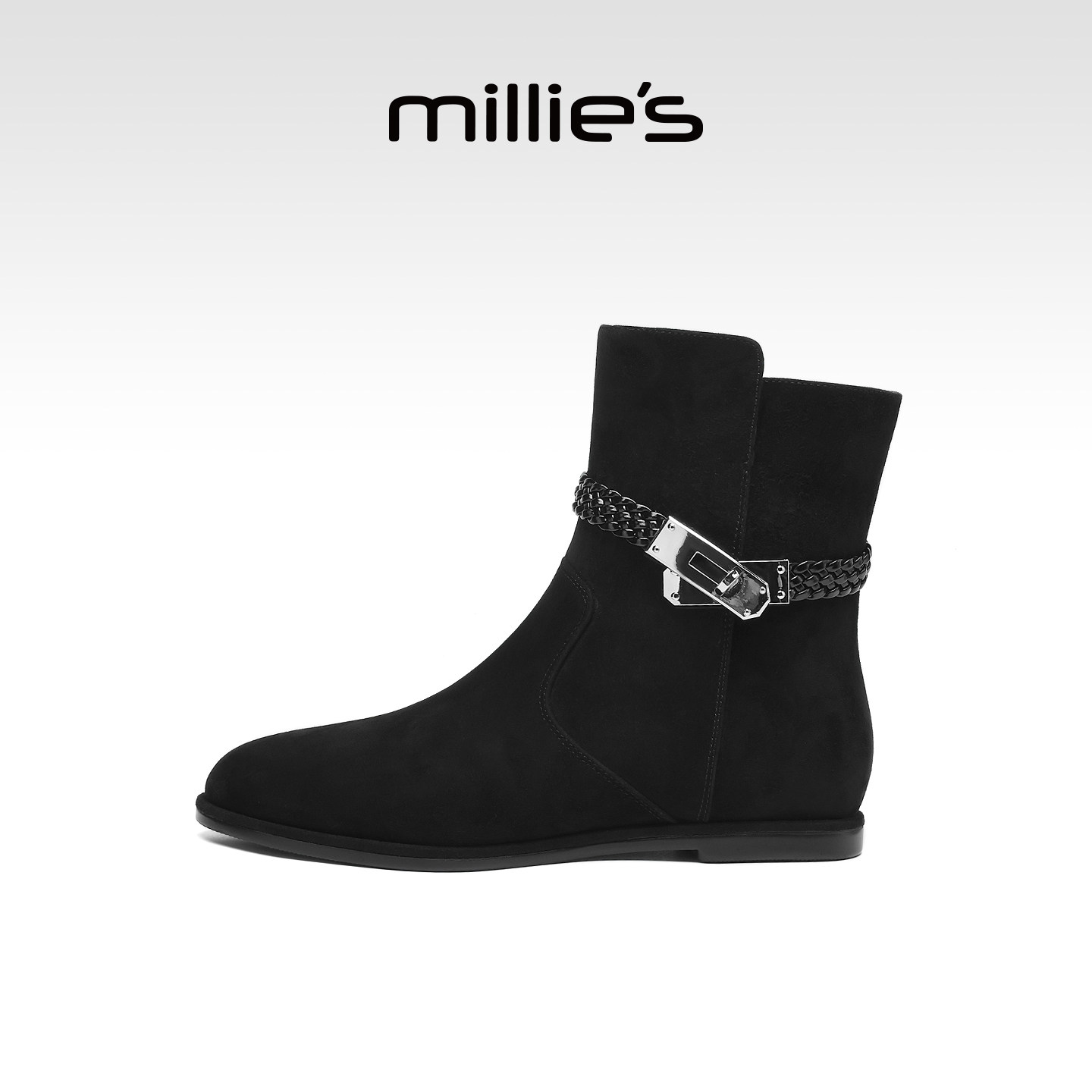 MILLIE'S/妙丽2026新款秋冬单靴法式复古方头短靴女粗跟及踝靴P
