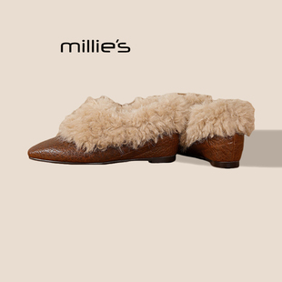 女一脚蹬加绒百搭单鞋 MILLIE 真皮毛毛内增高乐福鞋 妙丽法式 冬Z