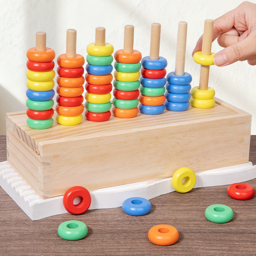 儿童木制彩虹套环分类色彩排序配对颜色认知培养感知力动手脑游戏