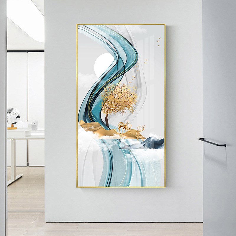 精品现代简约抽象艺术玄关装饰画 竖版金色麋鹿挂画线条酒店走廊图片