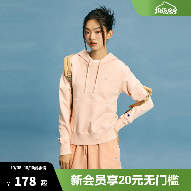 Champion冠军连帽加绒卫衣女秋季新款插肩袖休闲印花上衣保暖