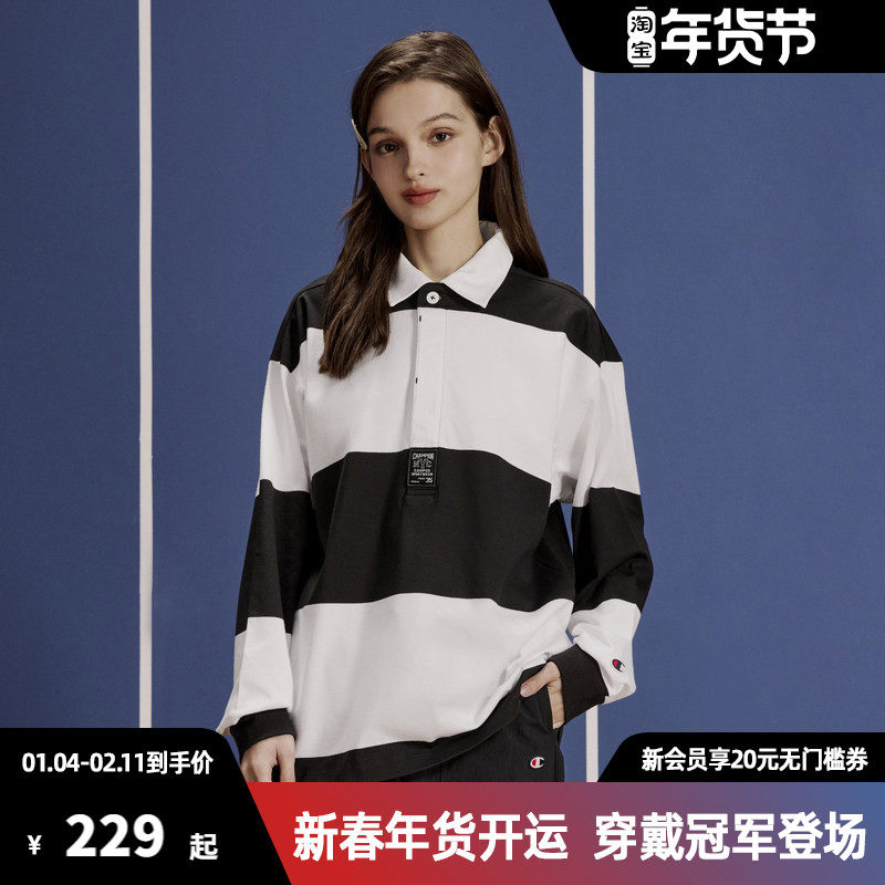 Champion冠军T恤女2025秋季新款条纹撞色polo衫纯棉休闲长袖上衣,女装/女士精品,POLO衫,淘宝优惠券,粉丝福利购,淘宝优惠卷