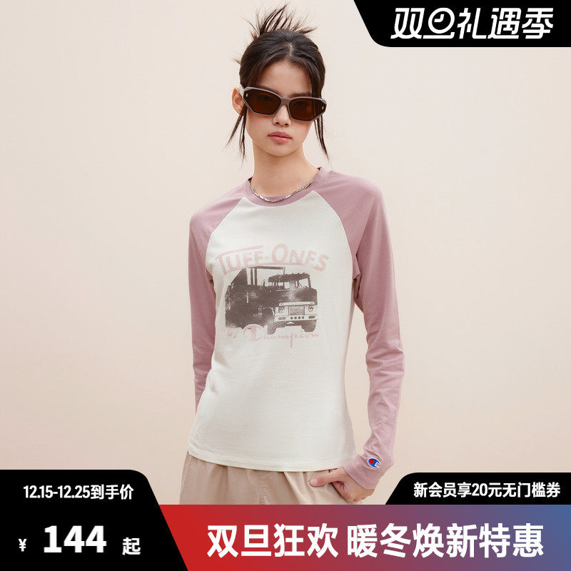 Champion冠军长袖T恤男2025秋季新款刺绣插肩袖打底衫女撞色基础