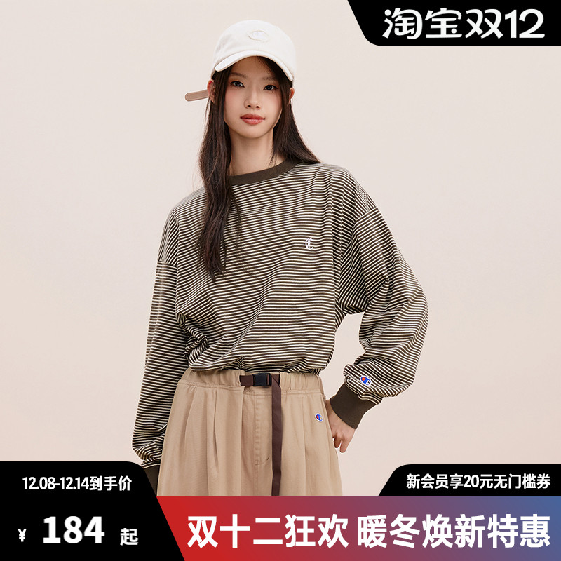 Champion冠军长袖T恤男纯棉打底上衣撞色休闲复古女打底衫秋季