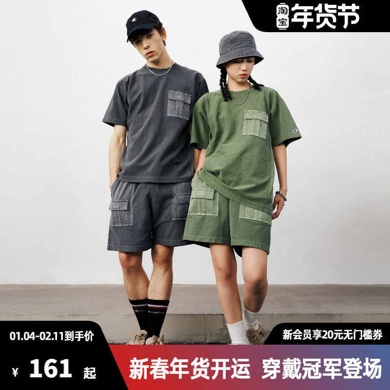 Champion冠军短袖T恤水洗做旧胸口口袋情侣上衣纯棉宽松工装衣服