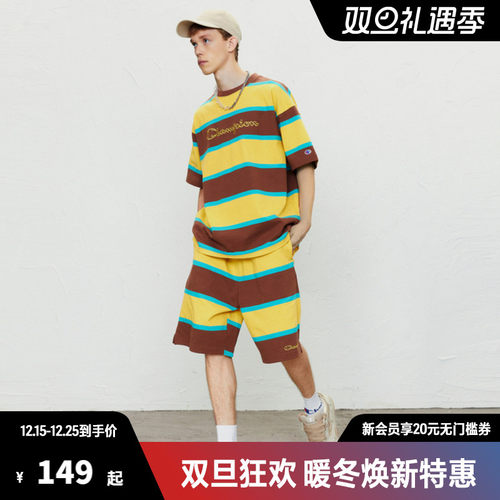 Champion冠军条休闲短裤纯棉纹拼接刺绣LOGO时尚百搭户外运动裤子