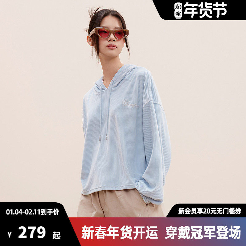 Champion冠军卫衣女25秋季新款灯芯绒蝙蝠袖连帽休闲运动套头上衣