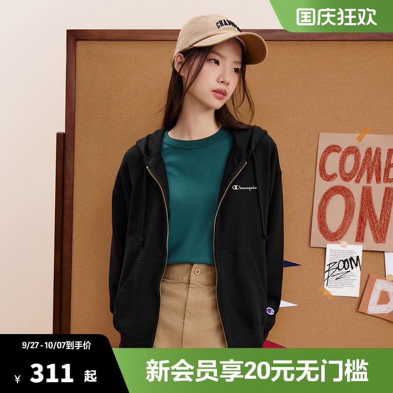 Champion冠军开衫拉链连帽卫衣女草写印花logo秋冬休闲外套时尚