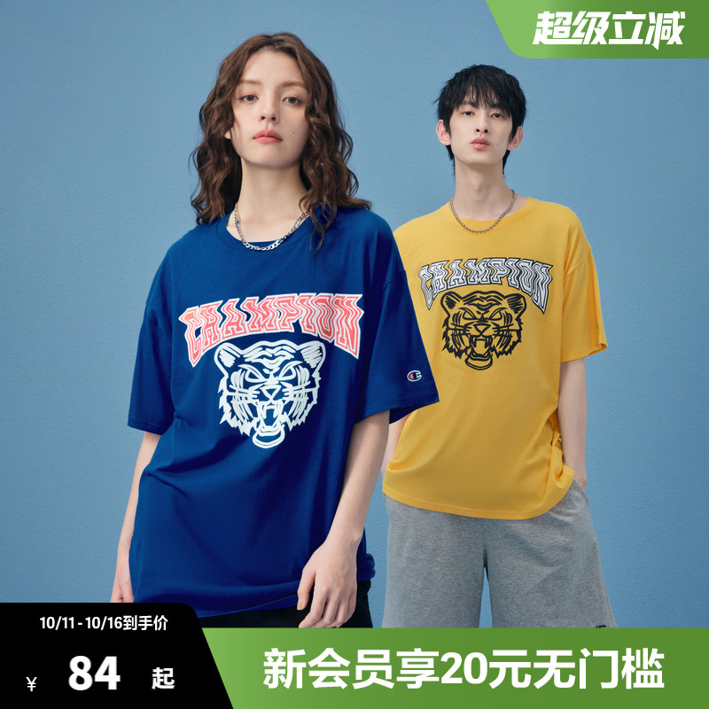 Champion冠军胶印个性logo动物短袖T恤女夏季宽松舒适纯棉上衣