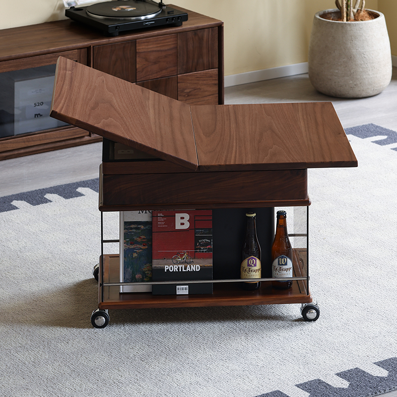 AB/黑胡桃木移动茶几可升降折叠伸缩推车沙发边几茶水柜