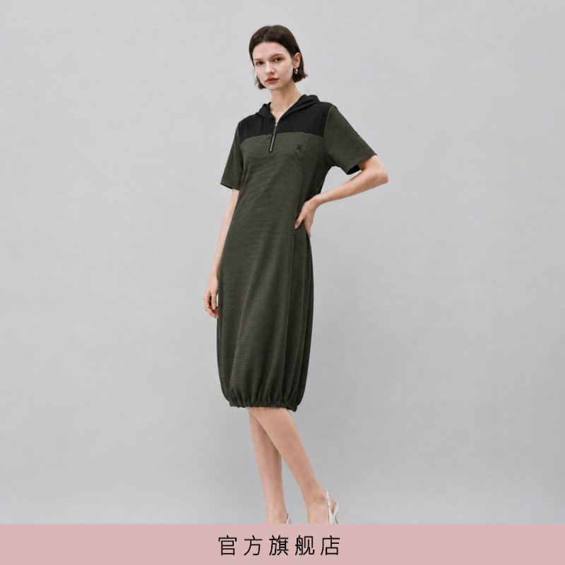 KOREANO/柯利亚诺绿黑色细条纹针织连帽连衣裙26R4-LT7998(AUN)