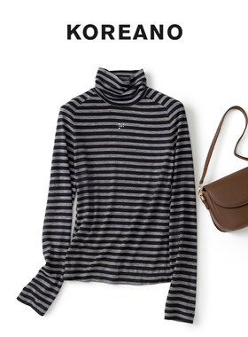 【KOREANO】春秋花灰黑色间条修身高领套头T恤 【H】TT6517(EUN)B