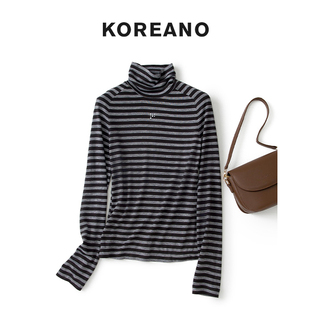 【KOREANO】春秋花灰黑色间条修身高领套头T恤 【H】TT6517(EUN)B