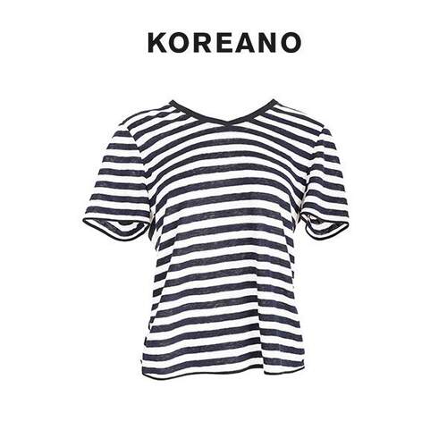 【KOREANO】春秋海魂条纹V领亚麻T恤 2524 TT9227(UN)B