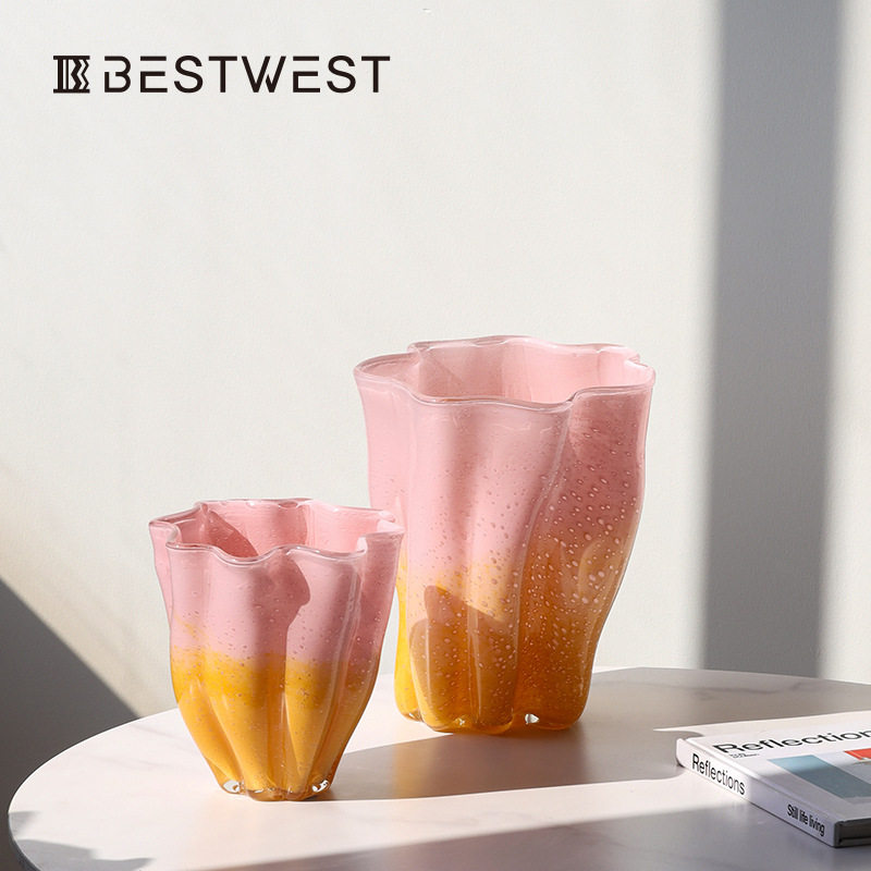 Best west 粉黄渐变色敞口高档玻璃花瓶摆件家居高级感装饰品花器,模玩/动漫/周边/娃圈三坑/桌游,文化/体育周边,淘宝优惠券,粉丝福利购,淘宝优惠卷