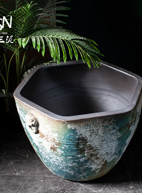 优选粗陶手工流水水景盆复古陶瓷仿古大缸浮世绘鱼缸落地摆件庭院