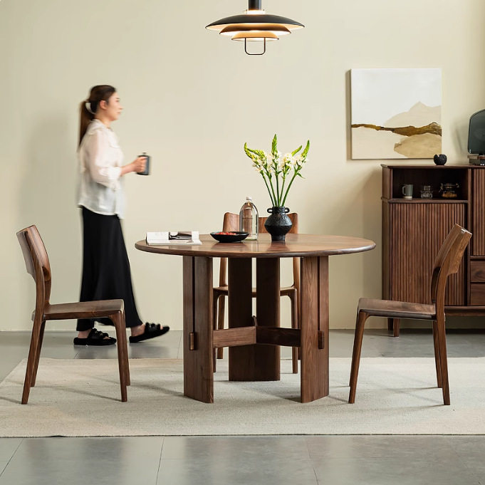 北美进口黑胡桃圆桌中小户型家用圆餐桌复古原木岩板餐饭桌洽谈桌