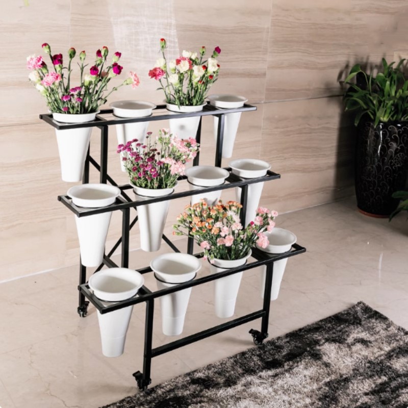 花店花架鲜花架展示架铁艺多层货架可移动带轮子塑料圆桶鲜花