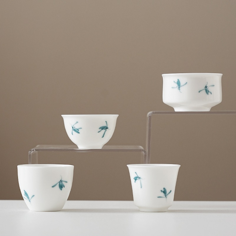 羊脂玉白瓷手绘品茗杯茶杯家用单个高档陶瓷喝茶小杯子专用主人杯